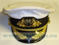 Фуражка яхтенного капитана с высокой тульей, козырек с дубами, белая. Размер 58.
