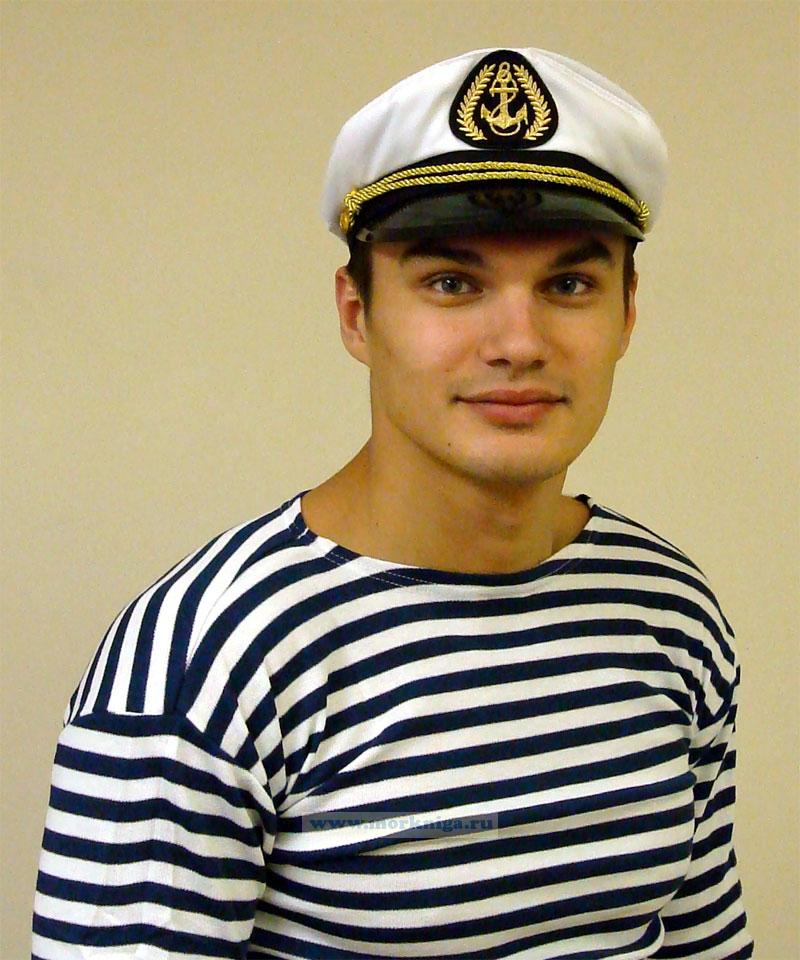 Капитанка с шевроном "Якорь" белая, пластиковый козырек с золотым шнуром
