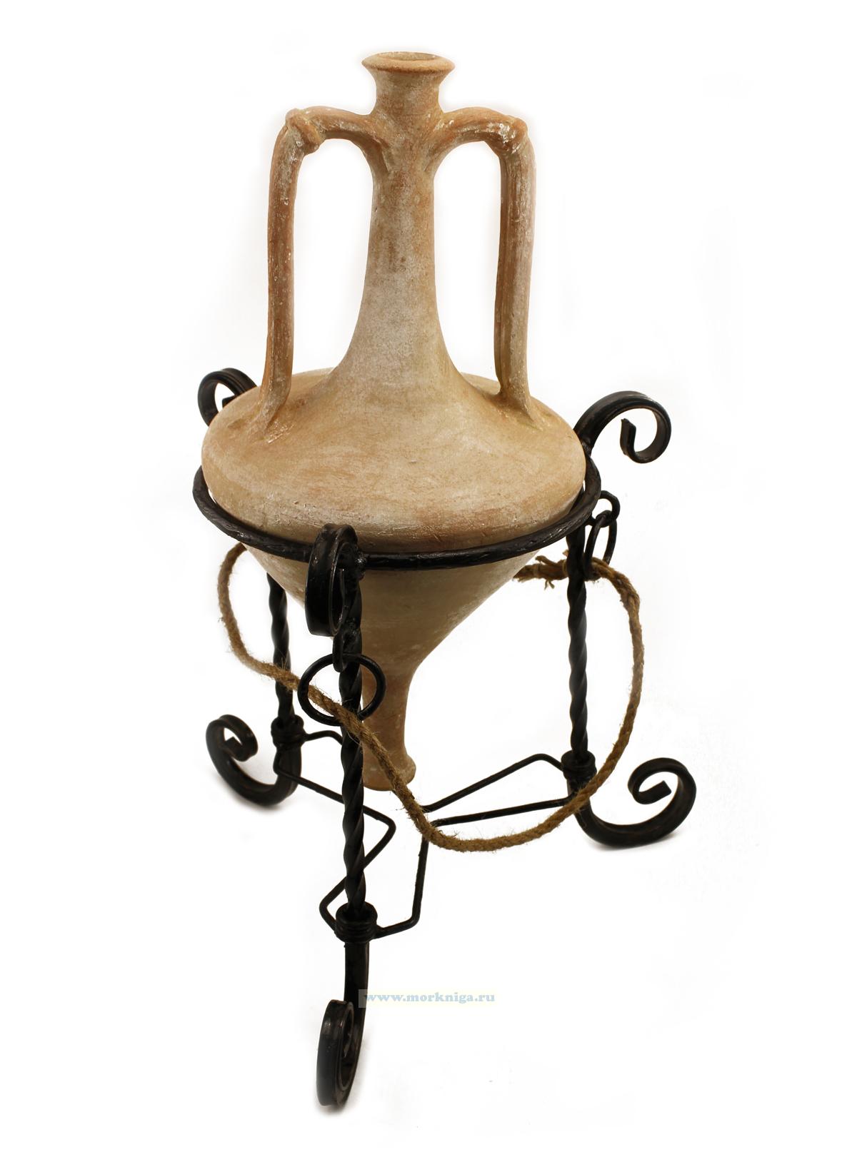 Керамическая древнегреческая амфора с металлической кованой подставкой