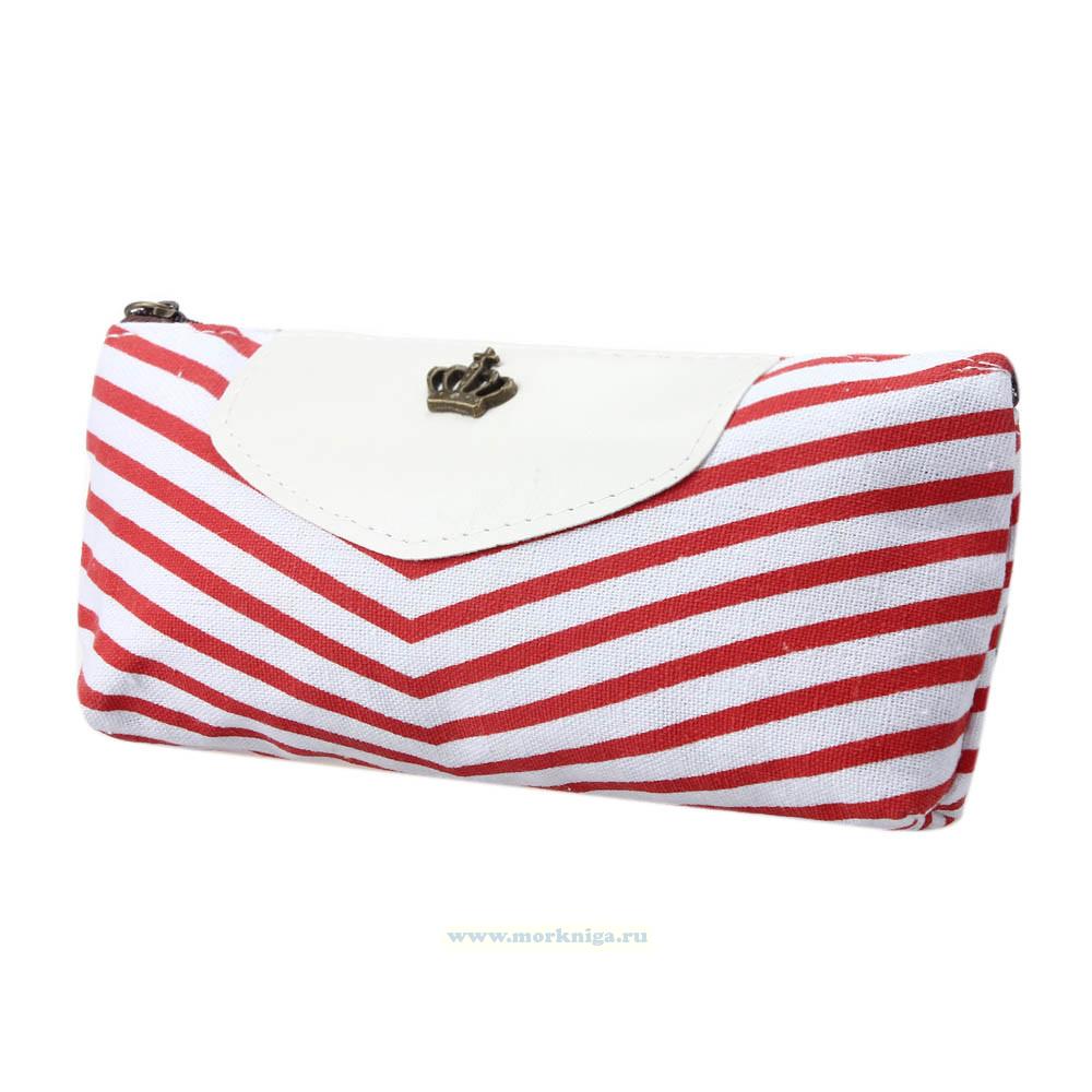 Косметичка в полосочку (бело-красная с украшением 