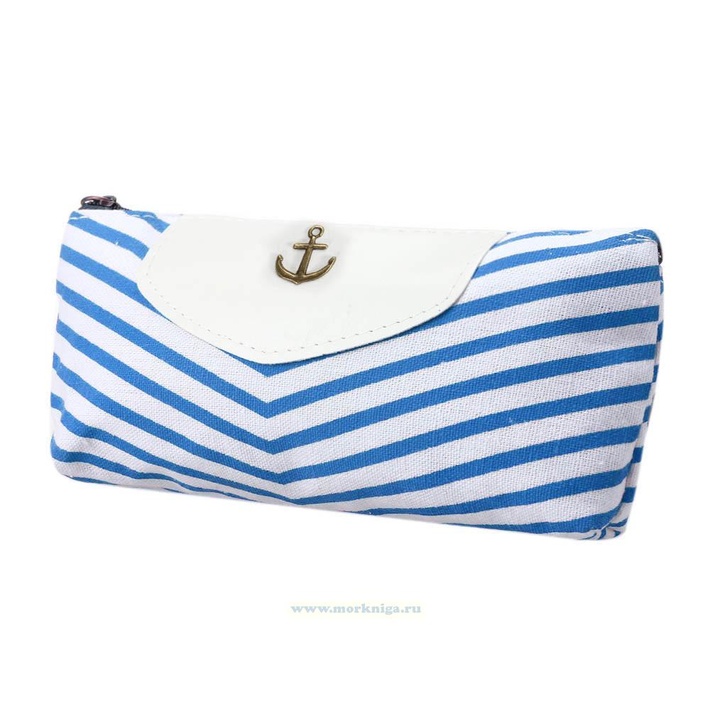 Косметичка в полосочку (бело-голубая с украшением 
