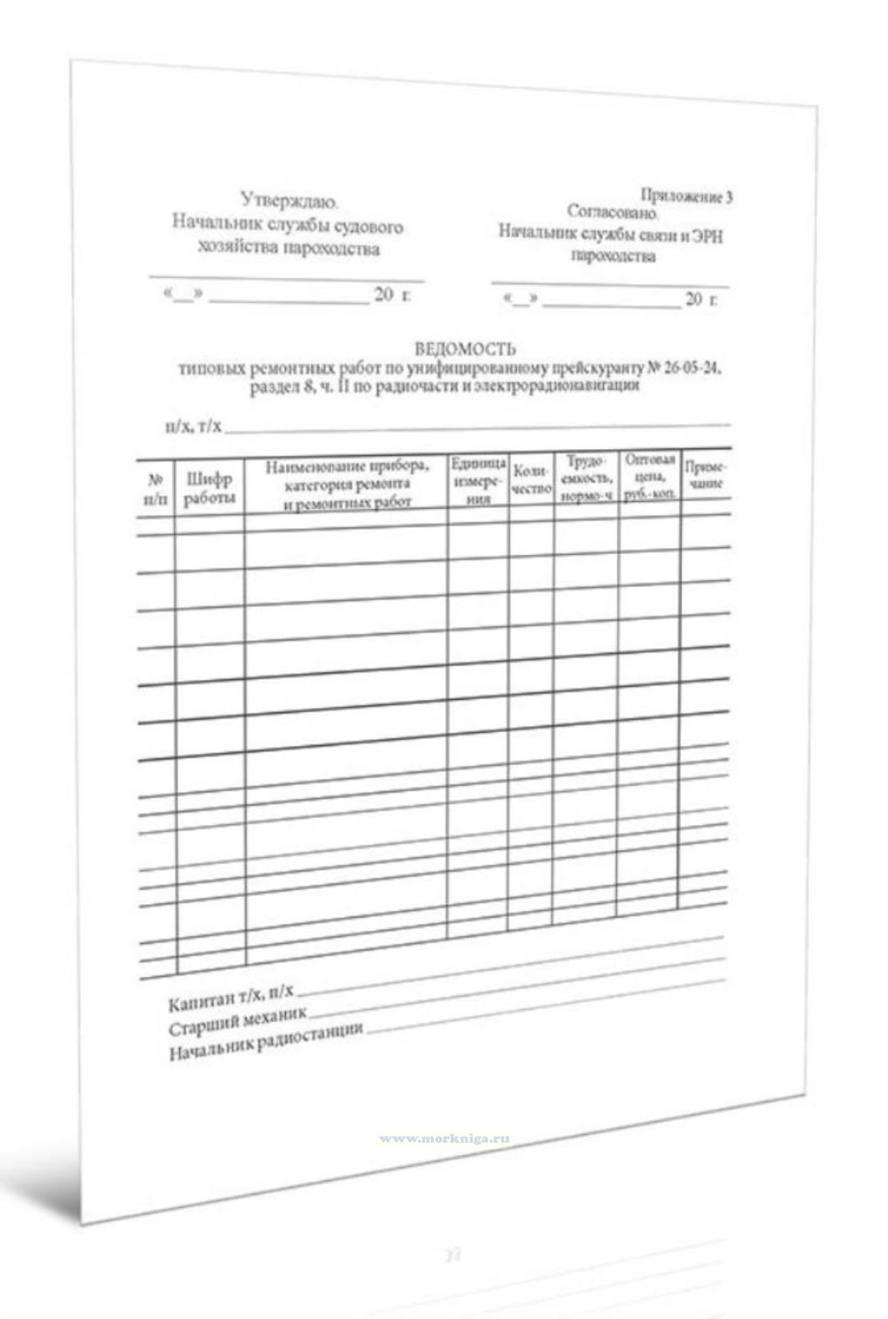 Ведомость типовых ремонтных работ по унифицированному прейскуранту № 26-05-24, раздел 8, ч. II по радиочасти и электрорадионавигации